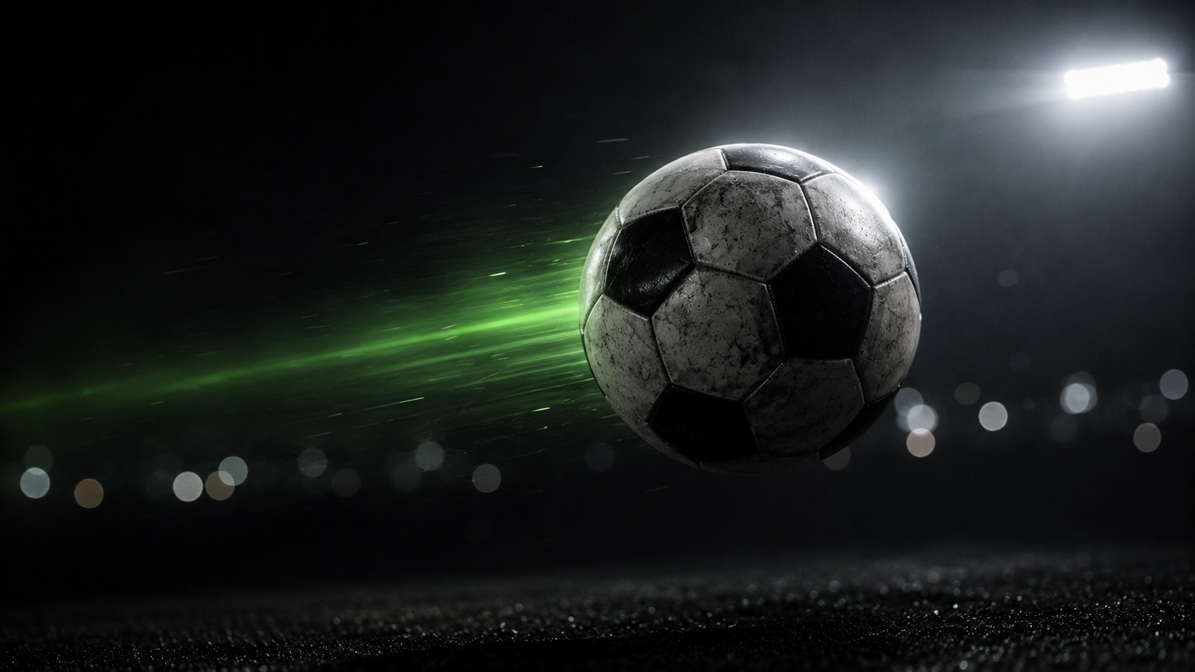 Soccer ball mid-air immediately after being struck, dramatic backlight